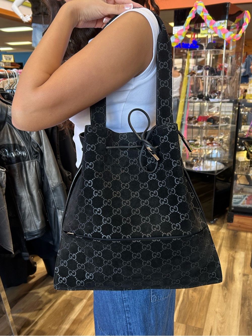 Vintage Tom Ford Gucci black GG Monogram Drawstring Tote Bag